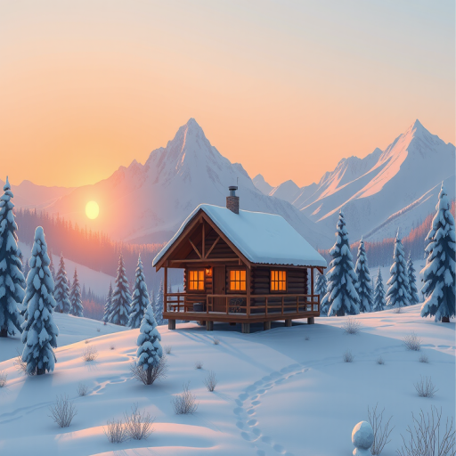 generate a digital illustration of a winter landscape featuring a cozy cabin on stilts surrounded by snow-covered mountains and pine trees with a setting sun in the background, use a wide-angle view, enhance colors with a light saturation adjustment, replicate a stylized vector art style, and simulate a high-resolution output akin to 4K DSLR photography