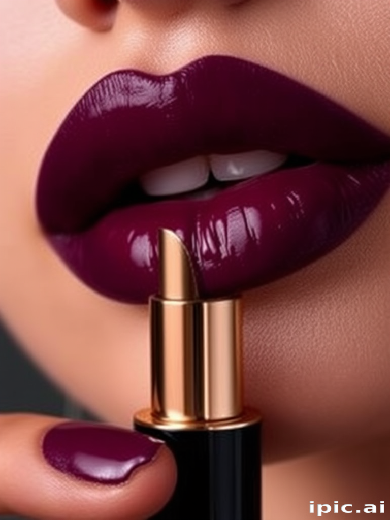 Sultry deep plum "Midnight Velvet" lipstick envelops pouty lips in rich, velvety color, boasting a creamy texture and intense pigmentation for bold evening looks