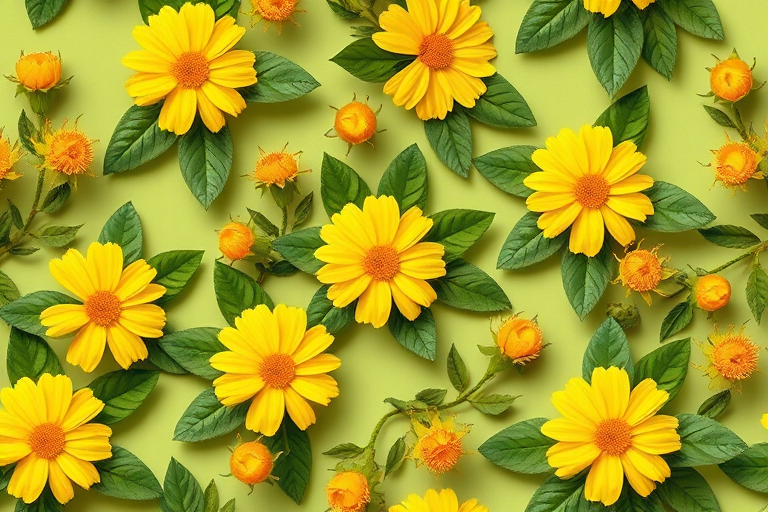 Create a seamless pattern of yellow flowers with green leaves on a soft green background, captured with a DSLR camera at f/8, ISO 100, 50mm lens, top-down view, in a natural light style to enhance colors and details.