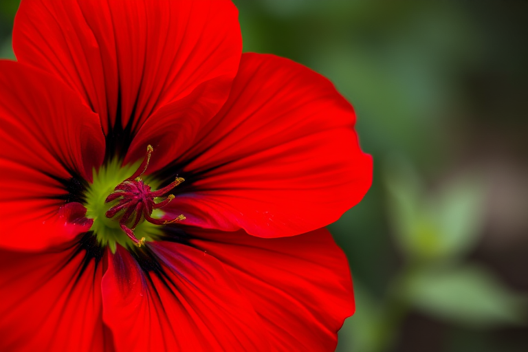 create a close-up image of a vibrant red flower with intricate petal patterns and a green center, focusing on the beauty and details of the bloom