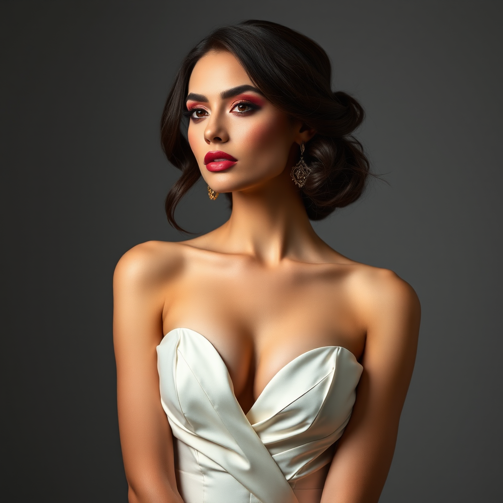Studio portrait, female model, elegant couture dress, bold makeup, dramatic lighting, Utilize a 50mm portrait lens for crisp details and a soft background blur, 8k