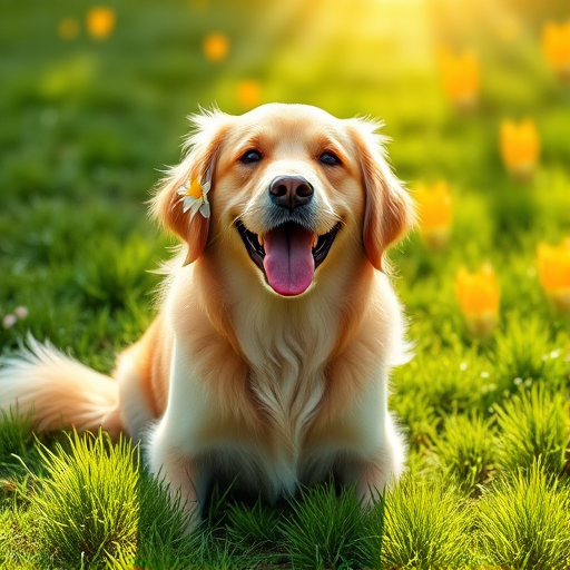 A happy golden retriever with a flower behind its ear sitting on green grass with sunlight shining down enjoying a beautiful day