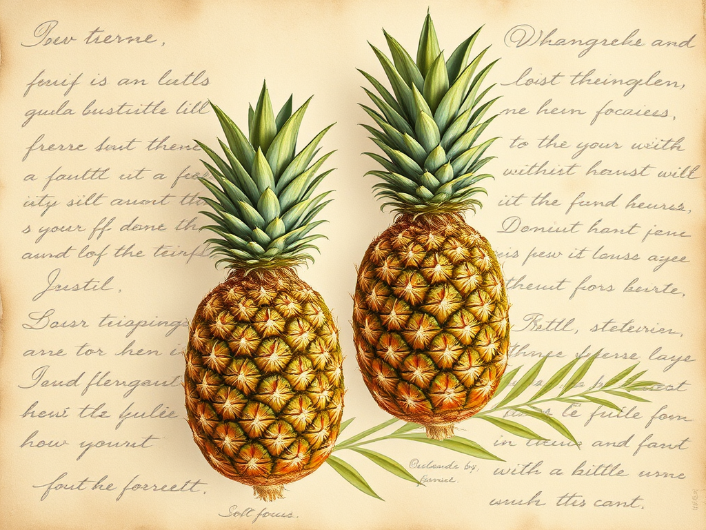 Create a vintage botanical illustration of pineapples on textured parchment background with handwritten script, using a Canon EOS 5D Mark IV, f/8 aperture, 50mm lens, soft focus for an artistic look.