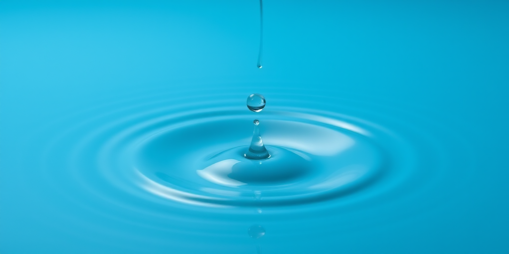Create a high-resolution image of a water droplet falling into a calm blue surface, capturing the moment of impact with ripples, using a macro lens, f/2.8 aperture, 1/1000 sec shutter speed, and ISO 100, in a top-down view with soft lighting to enhance reflections and details.