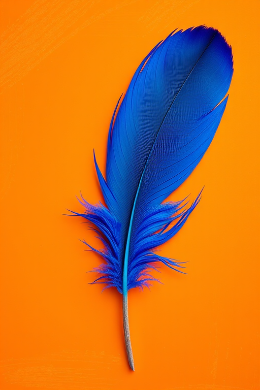Create a high-resolution digital painting of a vibrant blue feather on an orange background with textured brush strokes, using a Canon EOS R5 with a 50mm lens at f/2.8, 1/200s shutter speed, and ISO 100 for enhanced color saturation and sharp detail.