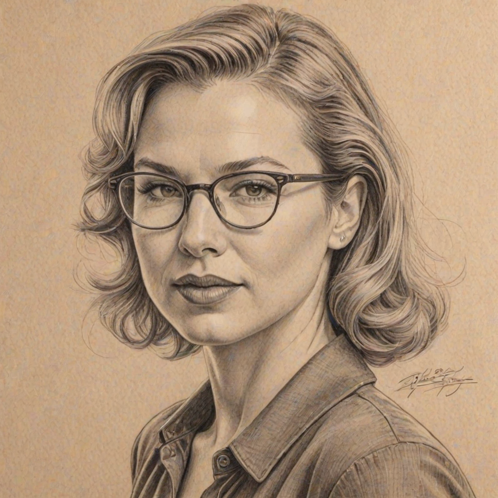 Magnificent Renee Zellweger, pencil sketch, portrait of Radiant woman 1941s in glasses, hair style beatnik, outline, clear lines, fine lines, 8k