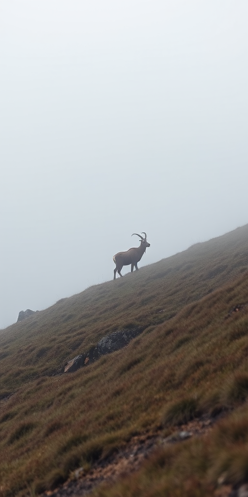 Capture a misty landscape featuring a lone chamois on a grassy slope with fog surrounding it, using a Canon EOS 5D Mark IV, 85mm lens, aperture f/4, ISO 200, and a shutter speed of 1/500 sec for enhanced clarity and depth.