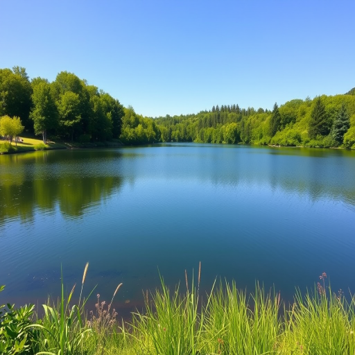 Generate an image of a serene landscape featuring a calm lake surrounded by lush green trees under a clear blue sky, captured with a Canon EOS R5 at f/2.8, ISO 100, 50mm lens, in a wide-angle view with natural lighting.