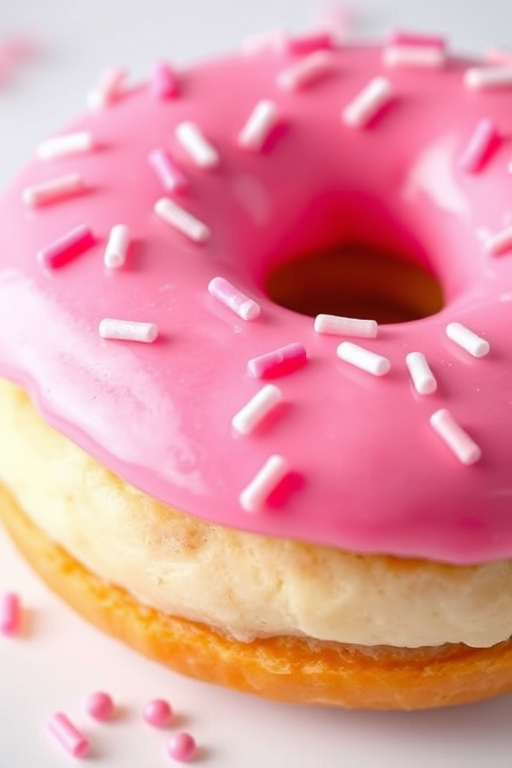Create a high-resolution illustration of a donut with pink frosting and sprinkles, using a Canon EOS 5D Mark IV camera, settings: f/2.8 aperture, 1/125 shutter speed, ISO 100, with a macro view and soft focus for enhanced texture and details.