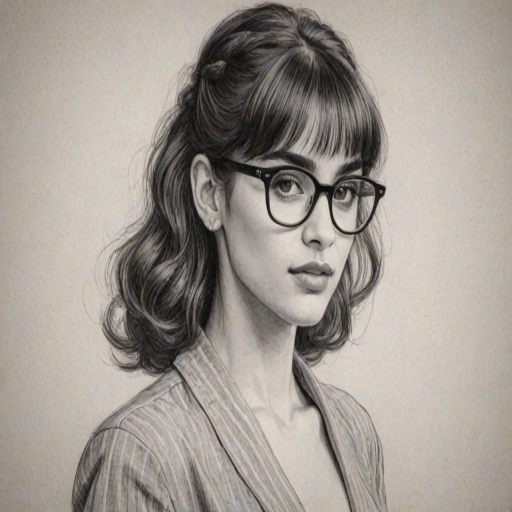 Enticing Sofia Boutella, pencil sketch, portrait of Graceful woman 1952s in glasses, hair style beatnik, outline, clear lines, fine lines, 8k