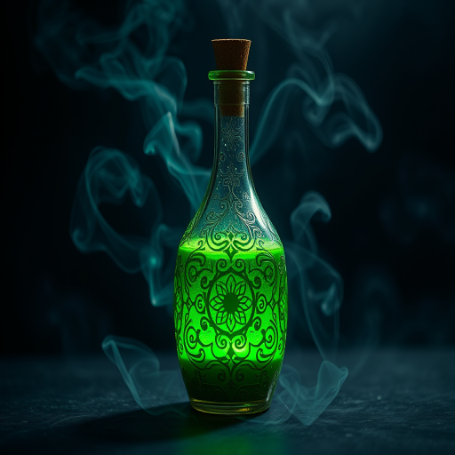 a mystical glass potion bottle with intricate designs filled with glowing green liquid and swirling smoke behind it, shot with a Canon EOS R5, f/1.8 aperture, ISO 100, 50mm lens, soft focus background, dramatic lighting