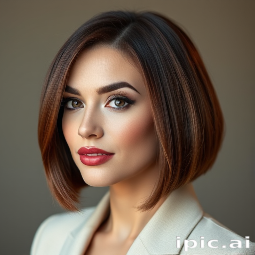 Sophisticated executive sporting a sleek, chin-length blunt cut bob in a rich mahogany hue with subtle cinnamon highlights