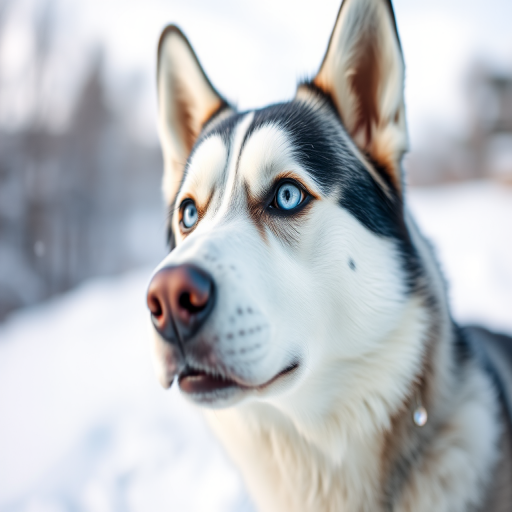 Close-up of a Siberian Husky with striking blue eyes in a snowy landscape, soft focus background, natural light, ISO 100, f/2.8, 1/200 sec, 50mm lens, DSLR camera, portrait mode.