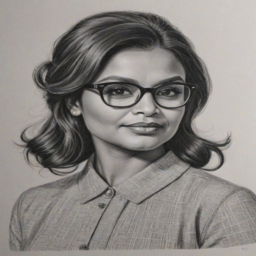 Stunning Mindy Kaling, pencil sketch, portrait of Exquisite woman 1961s in glasses, hair style beatnik, outline, clear lines, fine lines, 8k