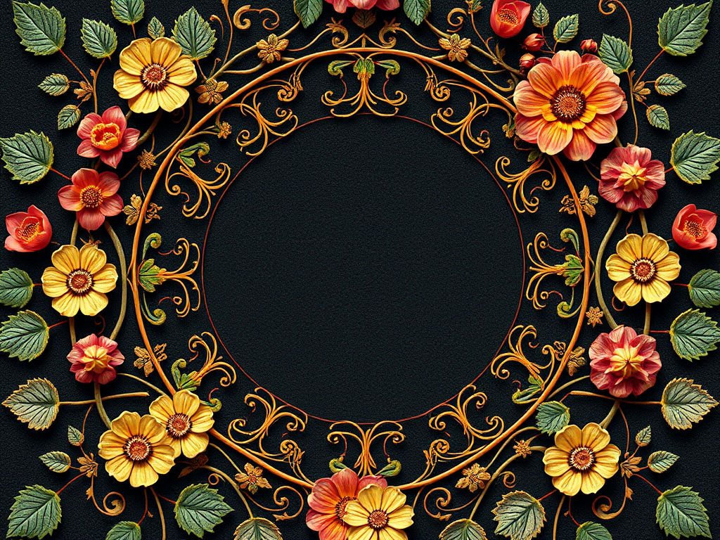 Create an intricate circular floral border design with detailed vine patterns and ornamental motifs, shot with a Canon EOS R5 at f/8, ISO 100, 50mm focal length, natural light, and from a top-down view for enhanced clarity and detail.