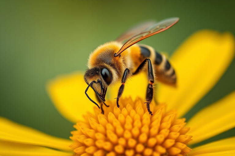 macro shot of a bee on a yellow flower with high detail and vibrant colors, aperture f/2.8, shutter speed 1/250 sec, ISO 100, 90mm macro lens, taken from a slightly elevated angle to focus on the bee and flower center