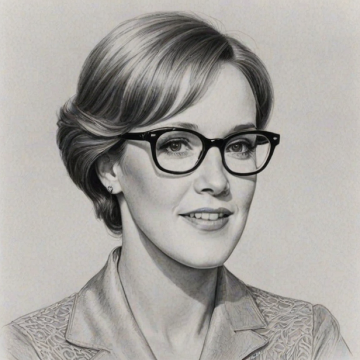 Graceful Julie Andrews, pencil sketch, portrait of Exquisite woman 1976s in glasses, hair style beatnik, outline, clear lines, fine lines, 8k