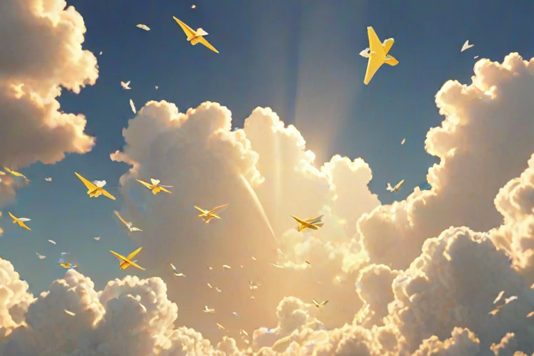 create a bright yellow sky filled with fluffy white clouds and small paper airplanes flying through the scene