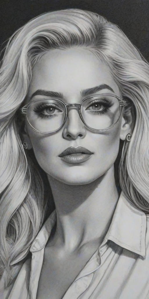 Beauteous Erika Jayne, pencil sketch, portrait of Alluring woman 1923s in glasses, hair style beatnik, outline, clear lines, fine lines, 8k