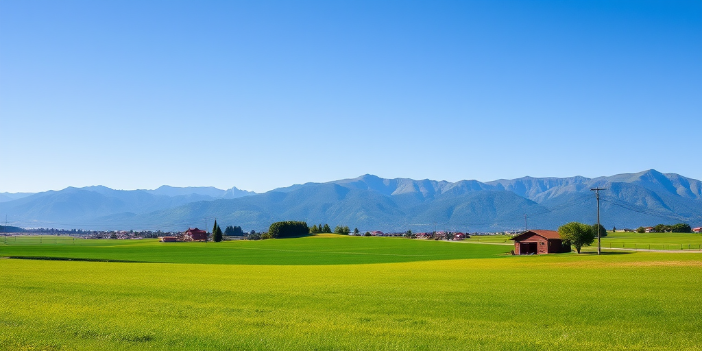 landscape of a green field with houses and mountains in the background during a clear blue sky, shot with a DSLR camera at f/8 aperture, 1/200 sec shutter speed, ISO 100, wide angle lens, landscape orientation
