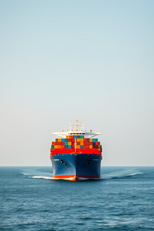 A cargo ship with colorful containers sailing on calm waters under a clear sky, shot from a medium-distance perspective, with a Canon EOS R5, aperture f/8, shutter speed 1/500s, ISO 100, in natural daylight for enhanced clarity and detail.