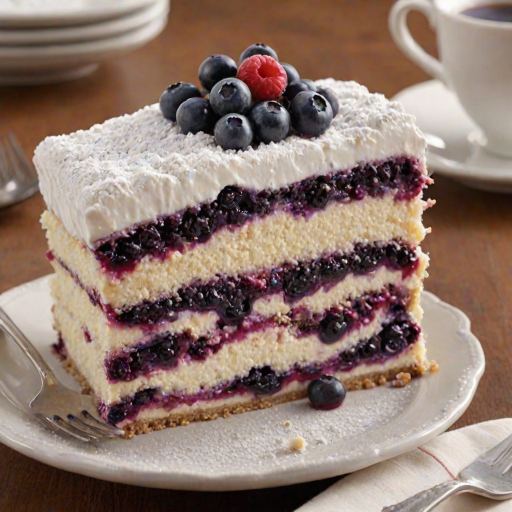Create an image of a delicious layered dessert showcasing vibrant colors. The dessert should have multiple layers, including a creamy white layer on top with fresh blueberries, a purple berry layer, and a crumbly crust at the bottom. Add a sprinkle of powdered sugar on top for an elegant finish. The setting should be warm and inviting, resembling a cozy café atmosphere.