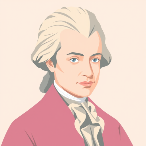 Create a digital illustration of a portrait of Amadeus Mozart in a minimalist style with soft pastel colors, shot with a 50mm lens at f/2.8, 1/125s, ISO 100, in natural light, using a DSLR camera.