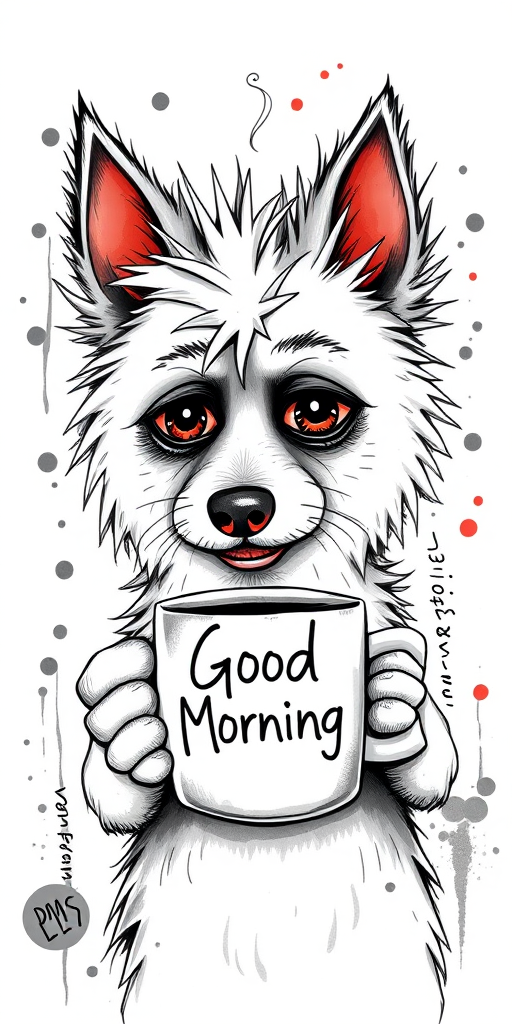 A quirky, artistic illustration of a disheveled german spitz with exaggerated, large eyes and spiky fur, holding a coffee mug that reads "Good Morning". The dog has a tired but humorous expression, with ink splatters and abstract details surrounding it, giving a whimsical feel to the image. The color palette is mostly monochrome with hints of red in the eyes and steam rising from the mug, enhancing the overall sleepy vibe
