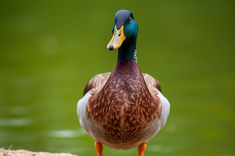A close-up shot of a duck standing on the edge of a pond, with a shallow depth of field, using a DSLR camera, f/2.8 aperture, 1/200 sec shutter speed, ISO 100, natural lighting, focusing on the textured feathers and vibrant colors against a blurred green background.