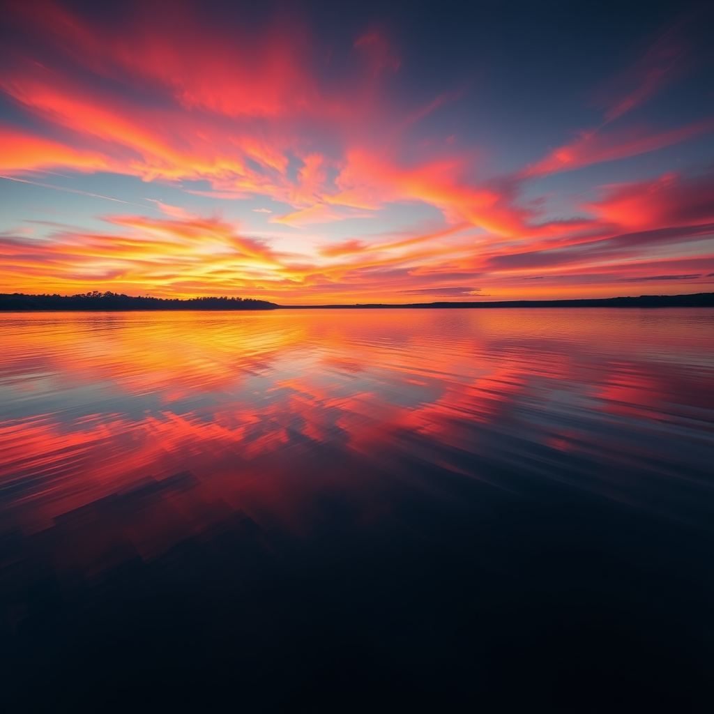 A high-resolution image of a vibrant sunset over a calm lake, captured with a Canon EOS R5, 35mm lens, f/8 aperture, ISO 100, 1/125 sec exposure, with soft lighting and vivid colors.