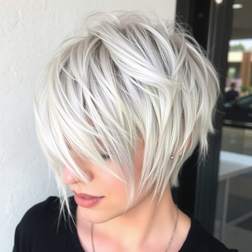 Textured pixie cut in cool-toned platinum, featuring choppy layers and piece-y bangs, exuding effortless cool-girl vibes and urban chic
