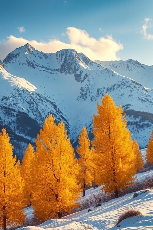 Capture a stunning winter landscape with snow-covered mountains in the background and a line of golden larch trees illuminated by soft sunlight, use a Canon EOS R5 with a 24-70mm f/2.8 lens, aperture set to f/8 for depth of field, ISO 100 for clarity, shoot at a focal length of 50mm, and use a tripod for stability to enhance image quality.