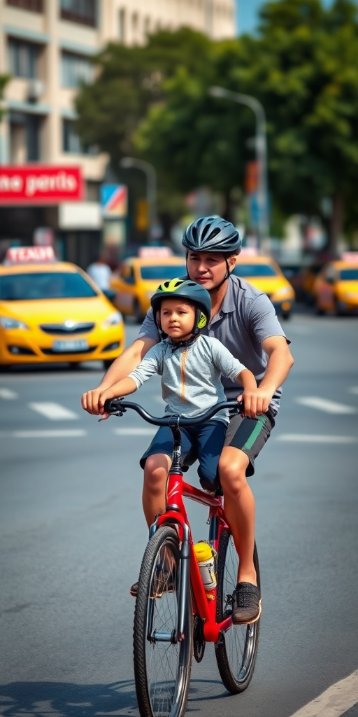 A father riding a bicycle with a child in a helmet on a city street, brightly colored taxis in the background, natural daylight, shallow depth of field, ISO 200, f/4, 1/500s, 50mm lens, DSLR camera, vibrant colors.
