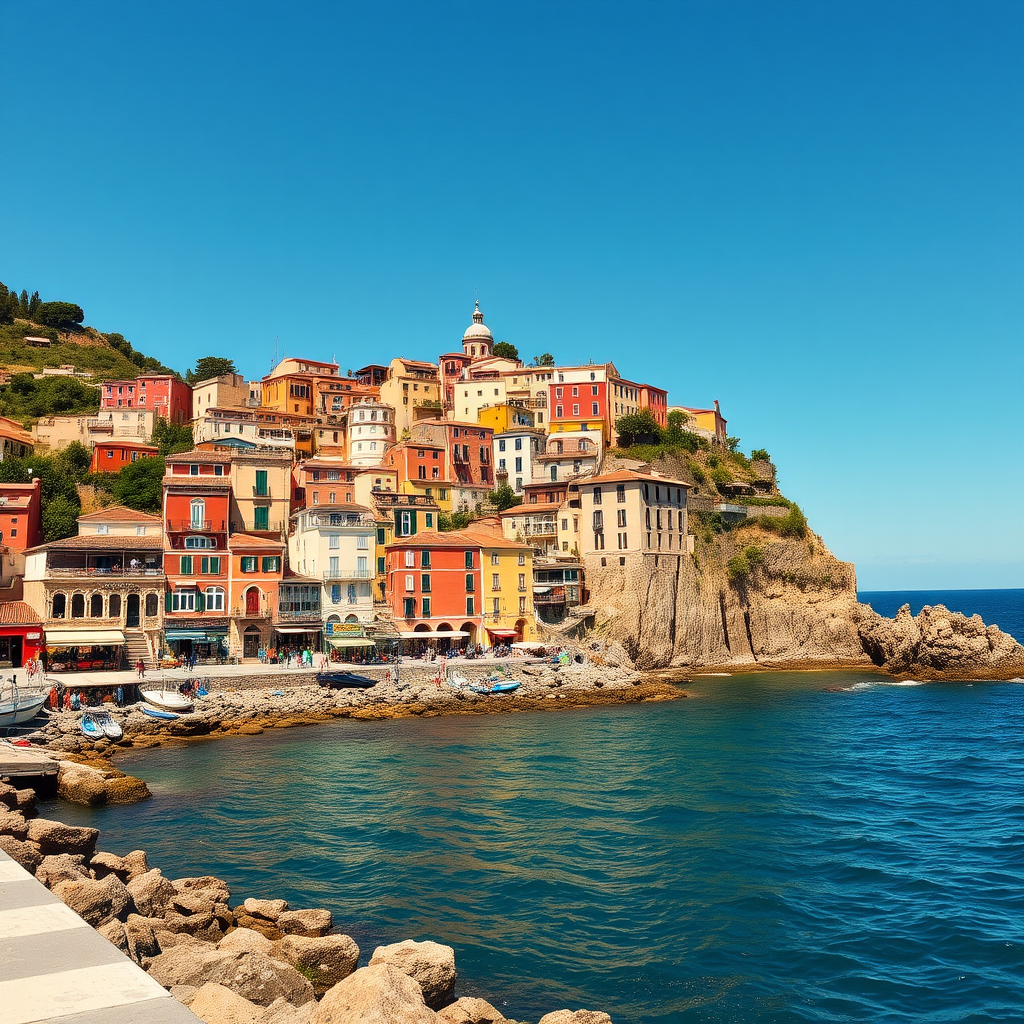 Coastal town with colorful buildings on a hillside, clear blue sky, vibrant waterfront, sunny day, shot with a DSLR camera at f/8, ISO 100, 24mm lens, wide-angle view, high dynamic range.