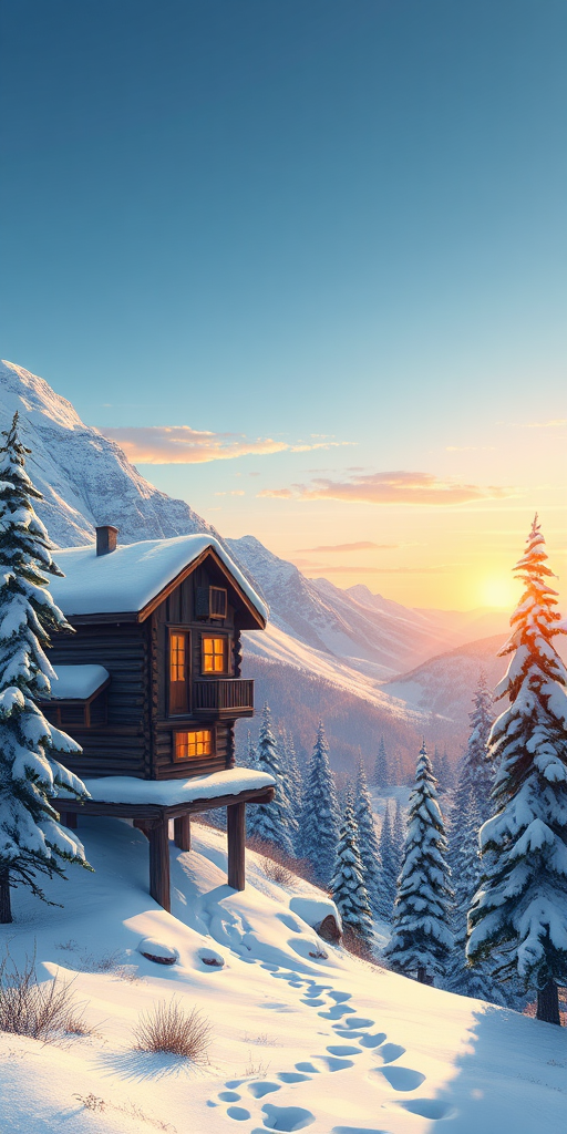 generate a digital illustration of a winter landscape featuring a cozy cabin on stilts surrounded by snow-covered mountains and pine trees with a setting sun in the background, use a wide-angle view, enhance colors with a light saturation adjustment, replicate a stylized vector art style, and simulate a high-resolution output akin to 4K DSLR photography