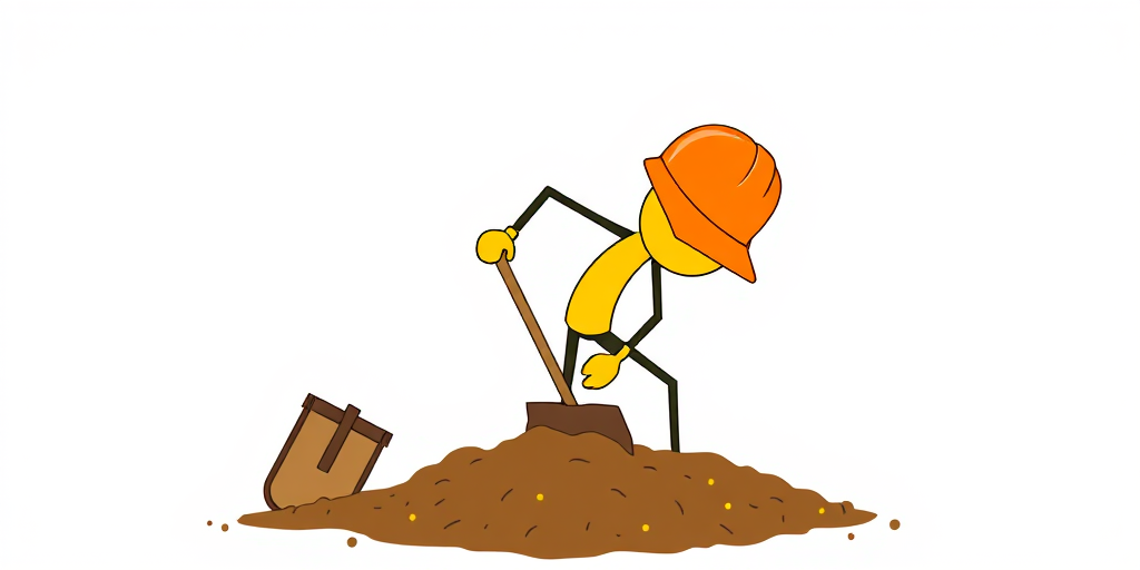 Create a high-resolution vector graphic of a stick figure construction worker with a yellow body and an orange hard hat, using a dynamic pose while shoveling dirt, with a clean white background, using a digital illustration style, simulating a DSLR camera view with a wide aperture for depth of field, and a focus on vibrant colors.