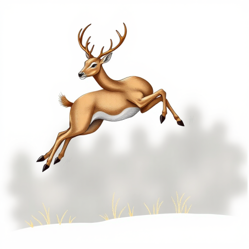 Create a detailed illustration of a leaping deer with elegant lines and a gold outline, using a DSLR camera with a 50mm lens, f/1.8 aperture, ISO 100, and natural lighting for a crisp contrast, captured from a low angle to emphasize movement.