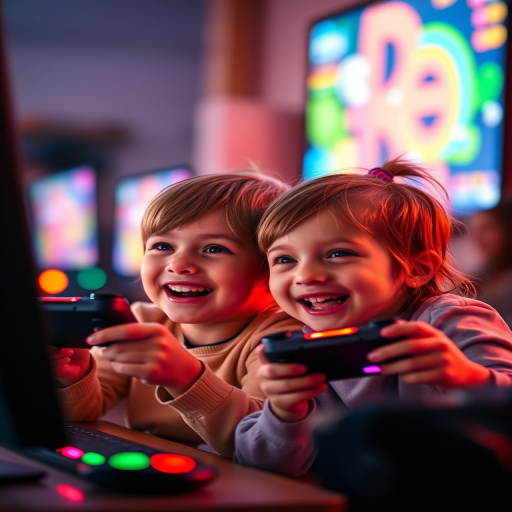 Two children joyfully playing video games together, illuminated by colorful screen lights, soft bokeh background, shallow depth of field, 50mm lens, f/1.8 aperture, ISO 400, 1/60 sec shutter speed, natural warm lighting.