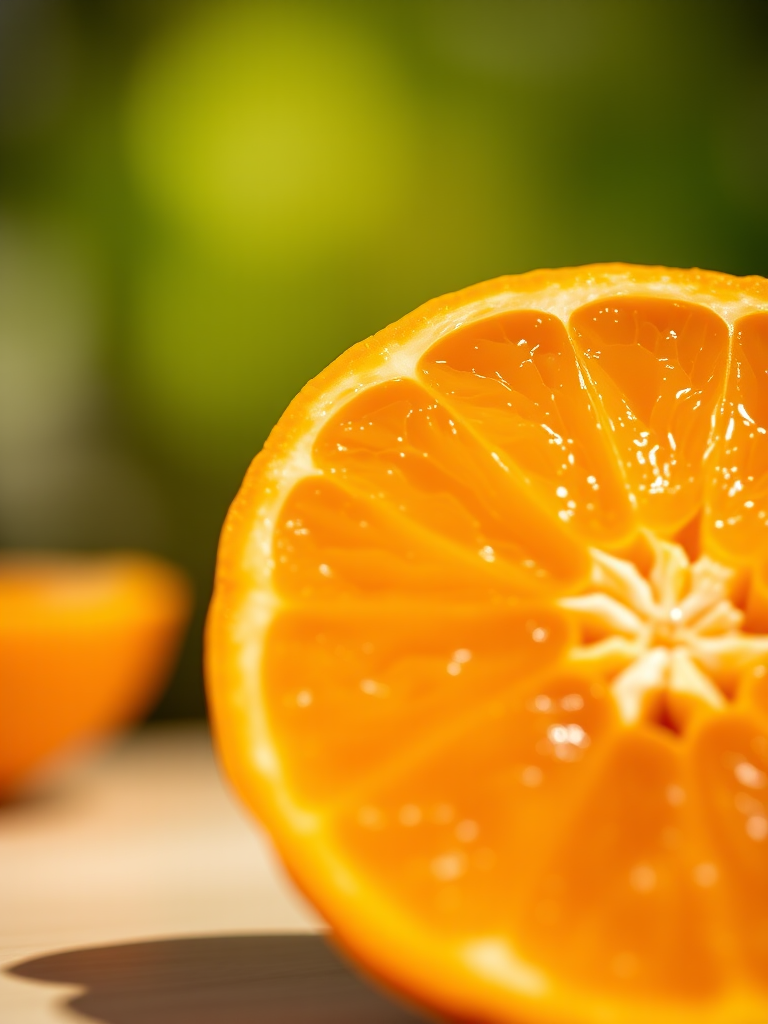 a vibrant close-up image of a freshly cut orange, captured in natural lighting, with a shallow depth of field, using a DSLR camera at f/2.8, 50mm lens, ISO 100, and 1/200 sec shutter speed, with a blurred gradient background for contrast