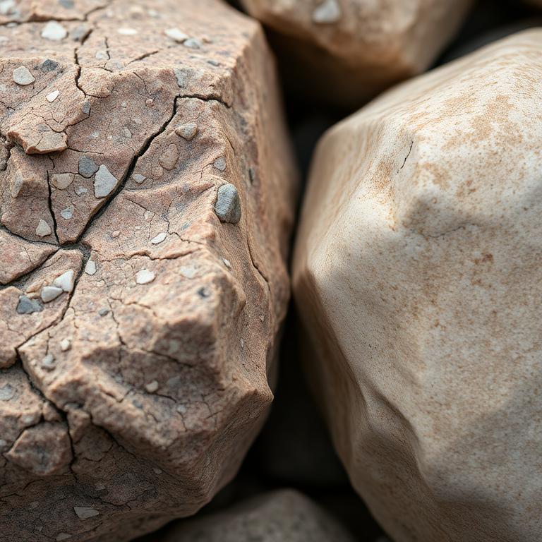 Create a highly detailed close-up image of two contrasting rocks, one textured and colorful, the other smooth and beige, captured with a DSLR camera at f/8 aperture, ISO 100, 50mm lens, in natural lighting for enhanced clarity and depth.