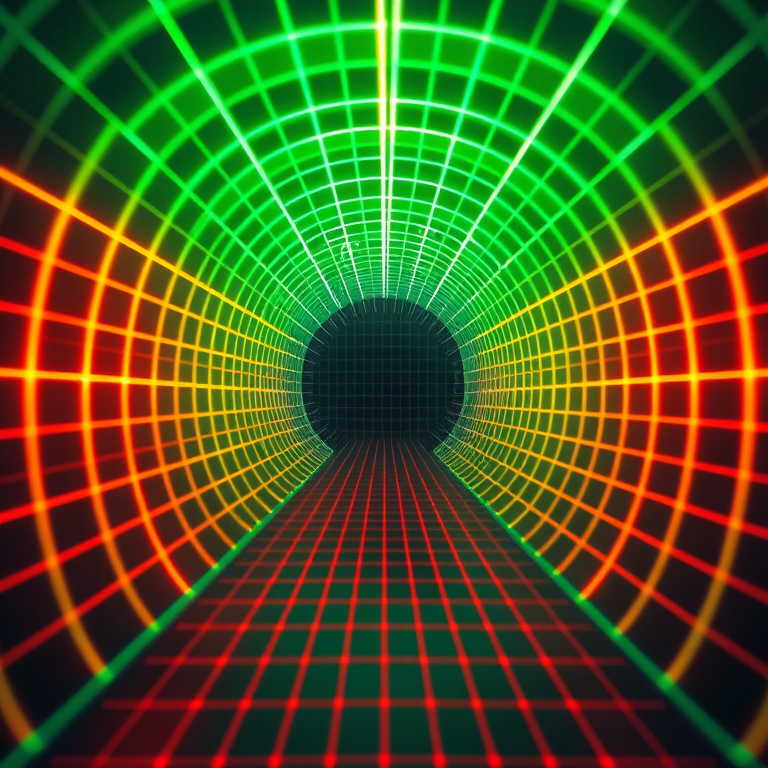 Create a high-resolution digital artwork depicting a surreal tunnel made of glowing grid lines, with a vibrant color gradient transitioning from green to orange, showcasing deep perspective and a sense of motion, captured with a DSLR camera at f/8 aperture, ISO 200, and a 24mm lens, employing a wide-angle view for an immersive effect.