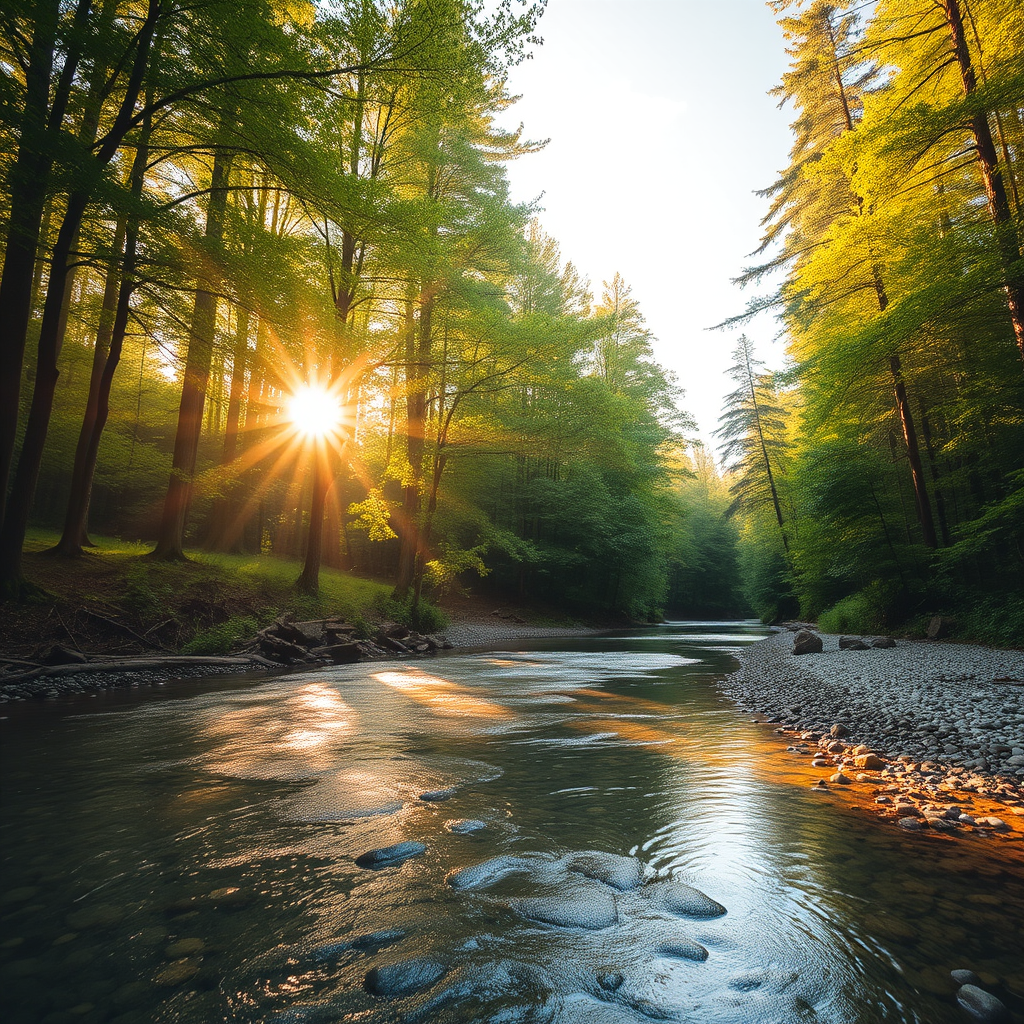 Create an image of a serene, sunlit forest scene with a clear, gently flowing river. Tall trees with lush green foliage line both sides of the river, their leaves bathed in the warm golden light of the setting or rising sun. The sunlight filters through the trees, casting soft, dappled light on the river, which flows over smooth rocks and pebbles, creating a peaceful, natural atmosphere. The sky is bright with a few scattered clouds, and the overall mood is tranquil, evoking a deep sense of connection with nature. The image captures the beauty of a calm, pristine forest landscape at either dawn or dusk.