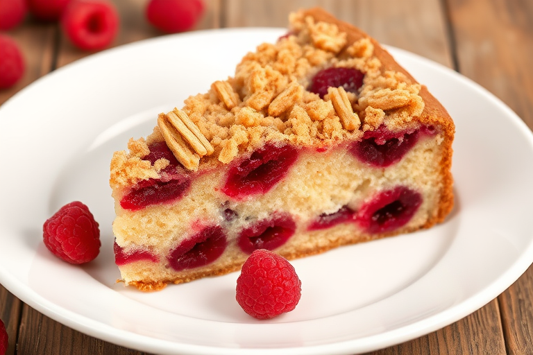 A delicious slice of raspberry crumb cake on a white plate with a wooden background, showcasing a rich layer of berries and a crumbly topping, with some raspberries scattered around.
