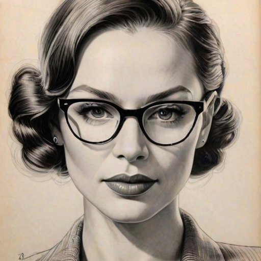 Exquisite Rebecca Ferguson, pencil sketch, portrait of Enchanting woman 1938s in glasses, hair style beatnik, outline, clear lines, fine lines, 8k