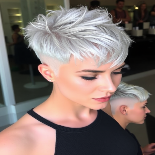 Platinum blonde pixie cut with electric blue tips, created by "Frost & Fire" stylists, showcasing a textured, spiky top and closely cropped sides, accentuated by delicate silver highlights throughout, giving an ethereal, ice-queen appearance that catches the eye from every angle.