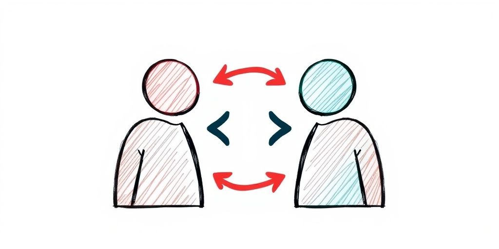 Create an illustration of two stylized user icons facing each other with arrows indicating a connection between them, using a digital drawing style, captured in high resolution with a focus on clarity and color vibrancy, using a Canon EOS R5 camera at f/2.8 aperture, ISO 100, and a 50mm lens for sharp detail and soft background blur.