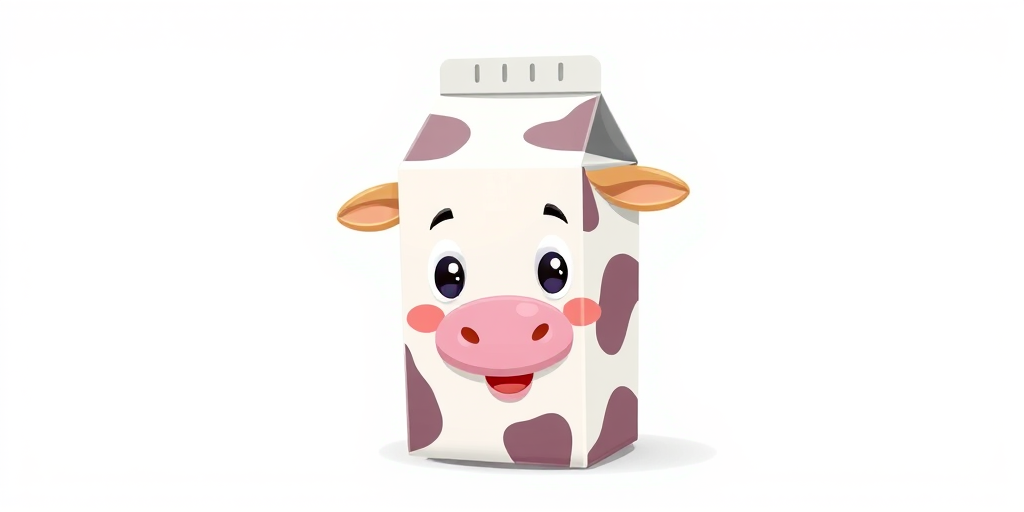 Create a high-resolution illustration of a cartoon milk carton with a cow face, isolate the carton against a white background, use a DSLR camera with a 50mm lens, set aperture to f/2.8 for a shallow depth of field, and apply vibrant colors for a playful effect.