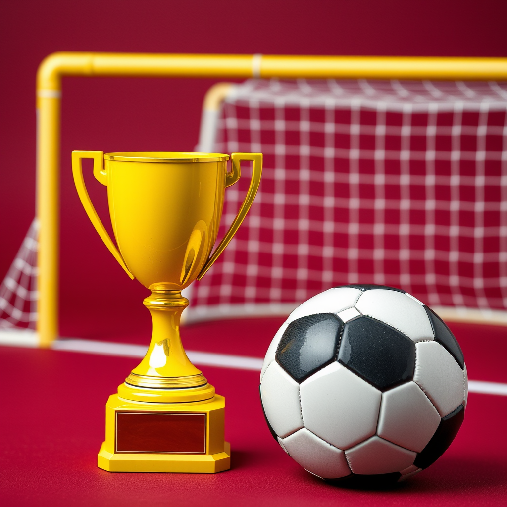 Create a high-resolution image of a yellow trophy beside a soccer ball and goalpost on a maroon background, using a DSLR camera with a 50mm lens, f/2.8 aperture, 1/250 sec shutter speed, and ISO 100, capturing a sharp and detailed view with a professional photography style.