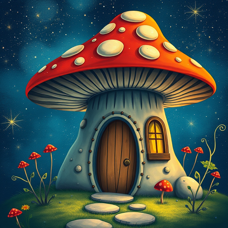 create illustration of a mushroom house with a door and a window, a storybook , fantasy art, mushroom house, bg starry sky, sparkles