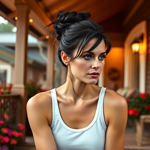A photo of Charlize Theron with a background of a cozy porch. She has dark hair pulled back in an updo, with tendrils framing her face. She wears a white tank top and sits on the porch. The porch is part of a well-lit home with a warm, earthy tone and colorful flowers and foliage. The overall scene has a warm, welcoming, and comfortable ambiance.
